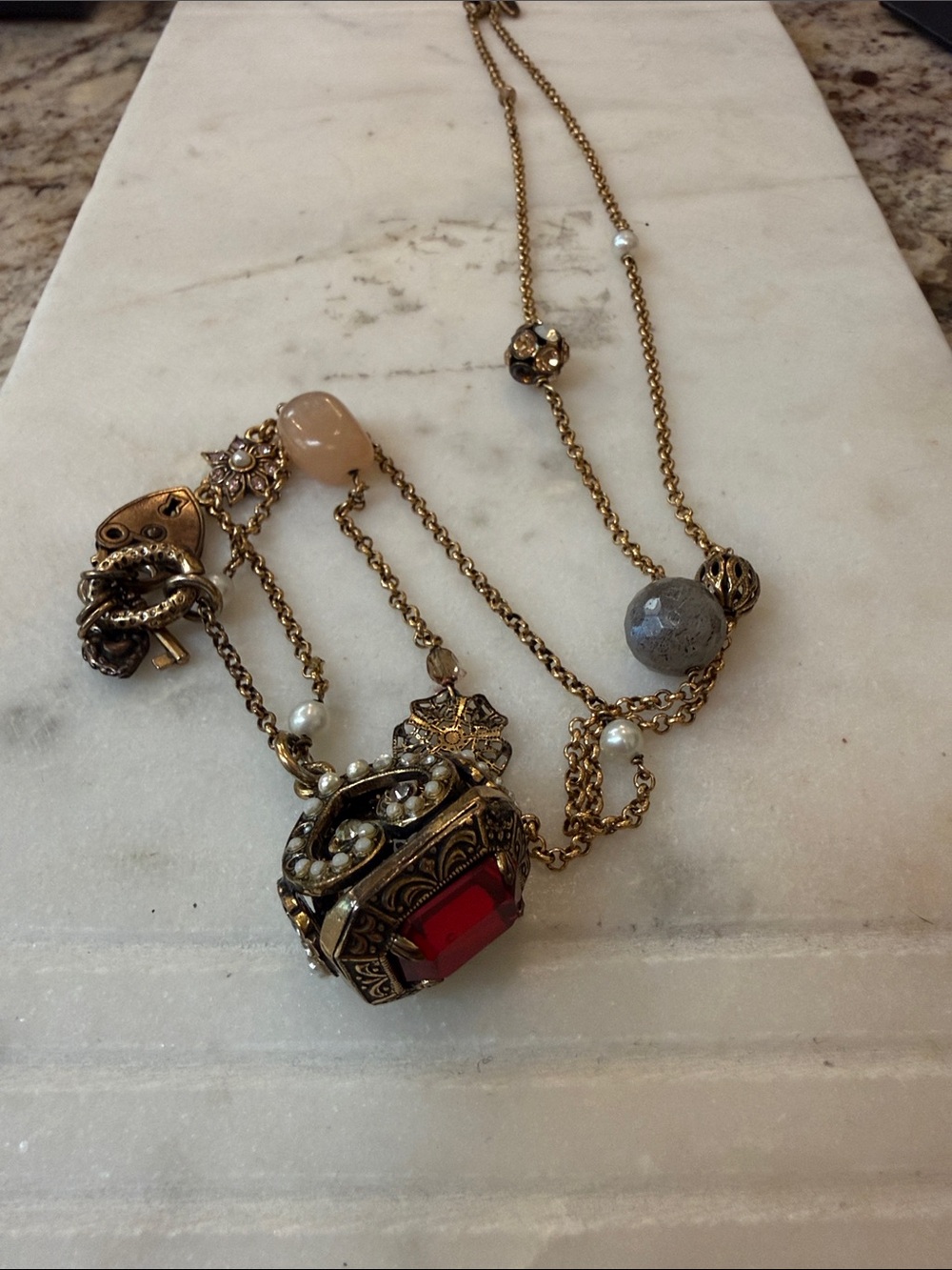Vintage-Inspired Gold Pendant Necklace with Red Gemstone- Florence, Italy